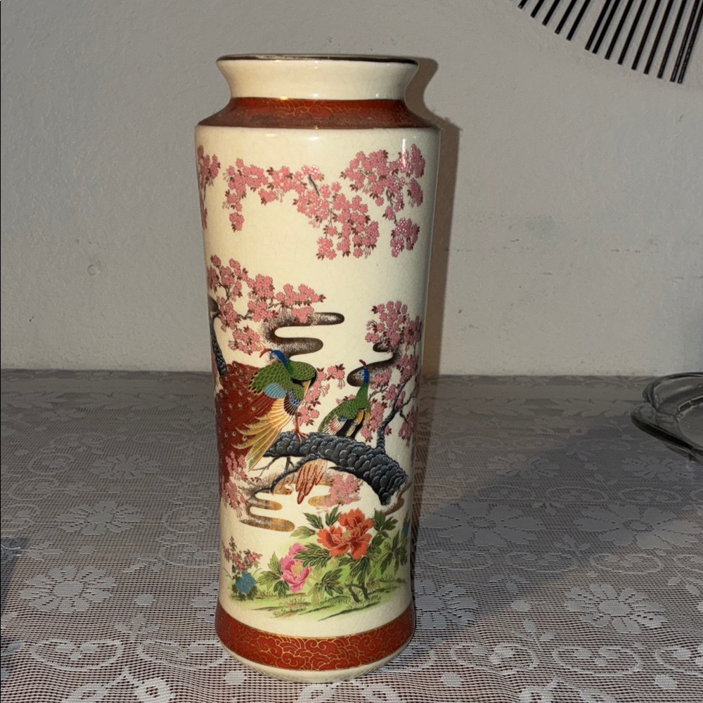 Decorative Asian-Style Porcelain Vase with Bird & Floral Motif - Cream & Pink